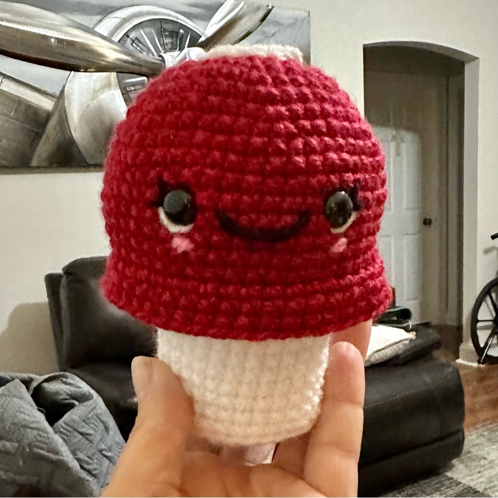 Crocheted mushroom baby rattle nursery decor